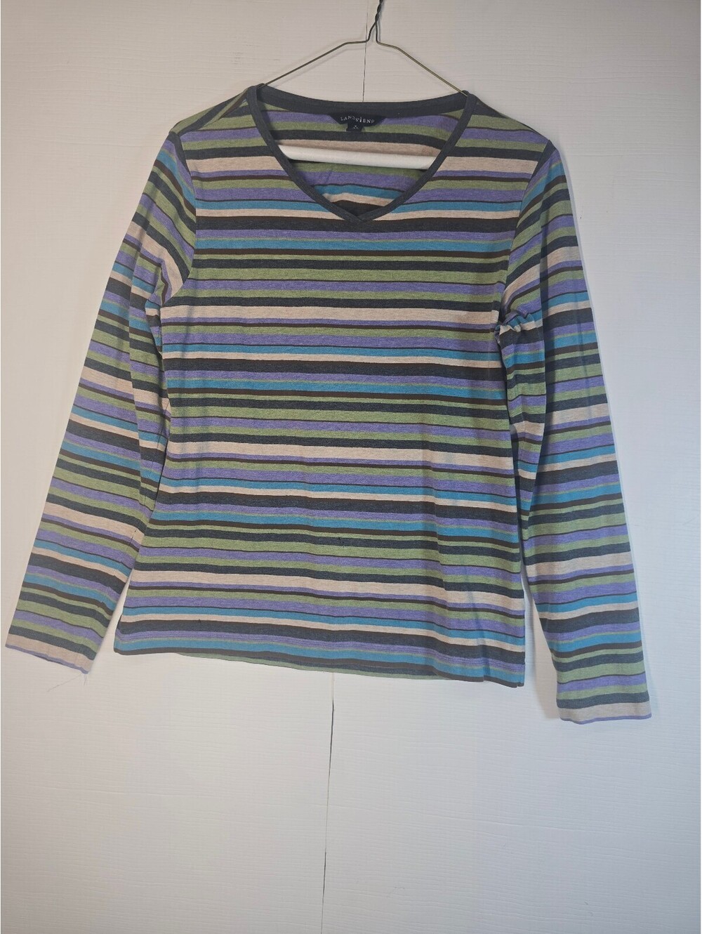 Lands End Womens Medium 10-12 Striped Long Sleeve V-Neck Shirt Purple Green
